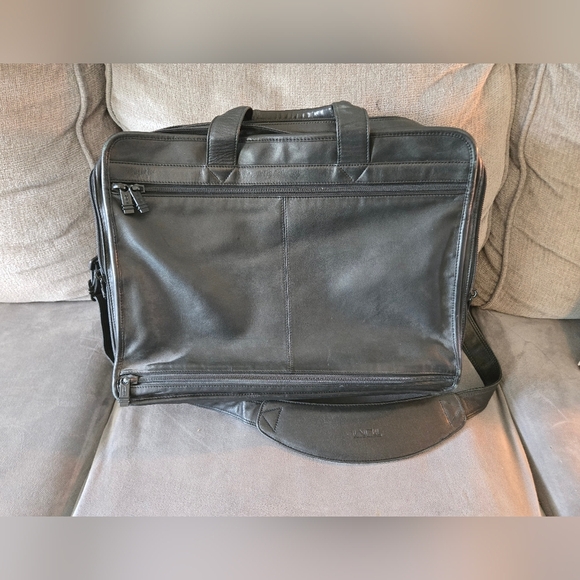 Tumi Black Leather Expandable Laptop Bag - Picture 7 of 13
